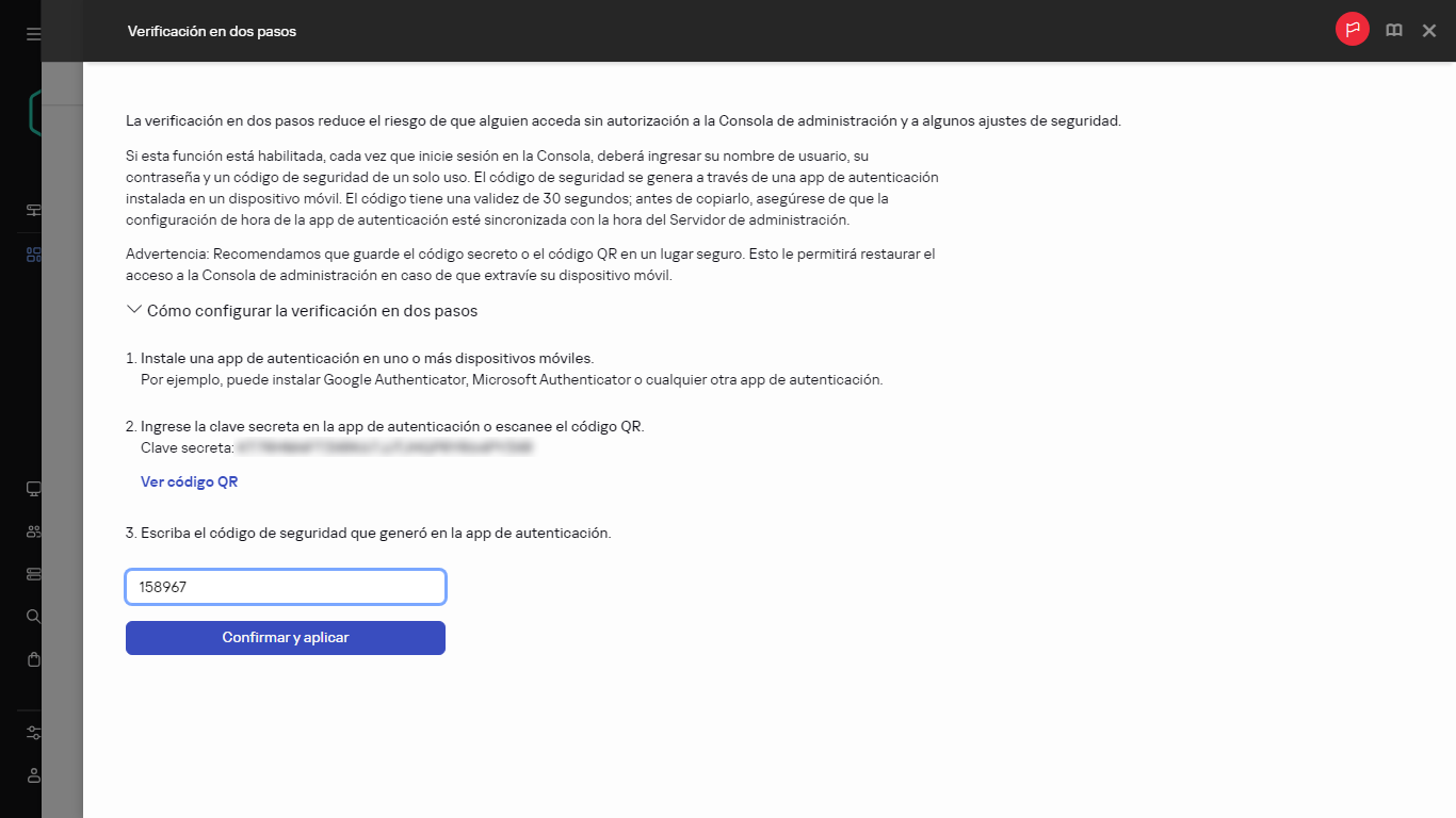 La ventana de verificación en dos pasos.