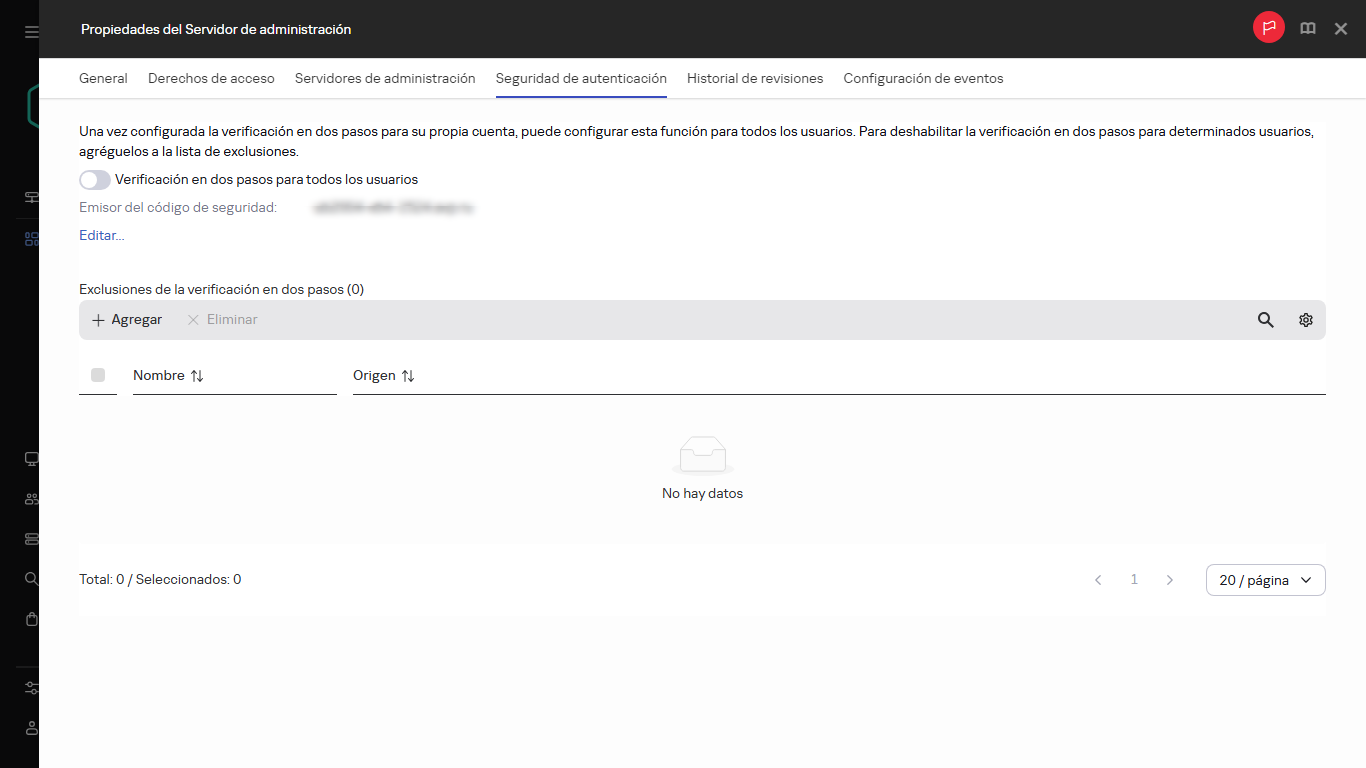 La pestaña Seguridad de la autenticación en las propiedades del Servidor de administración.