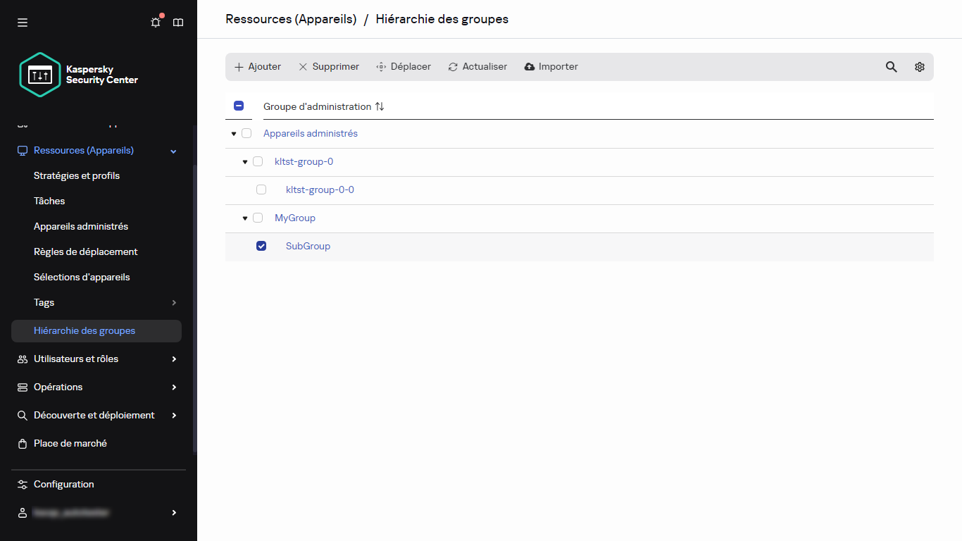 Hiérarchie des groupes avec Sous-groupe sélectionné.