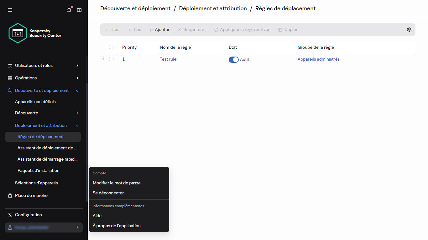 La section des règles de déplacement de Kaspersky Security Center.