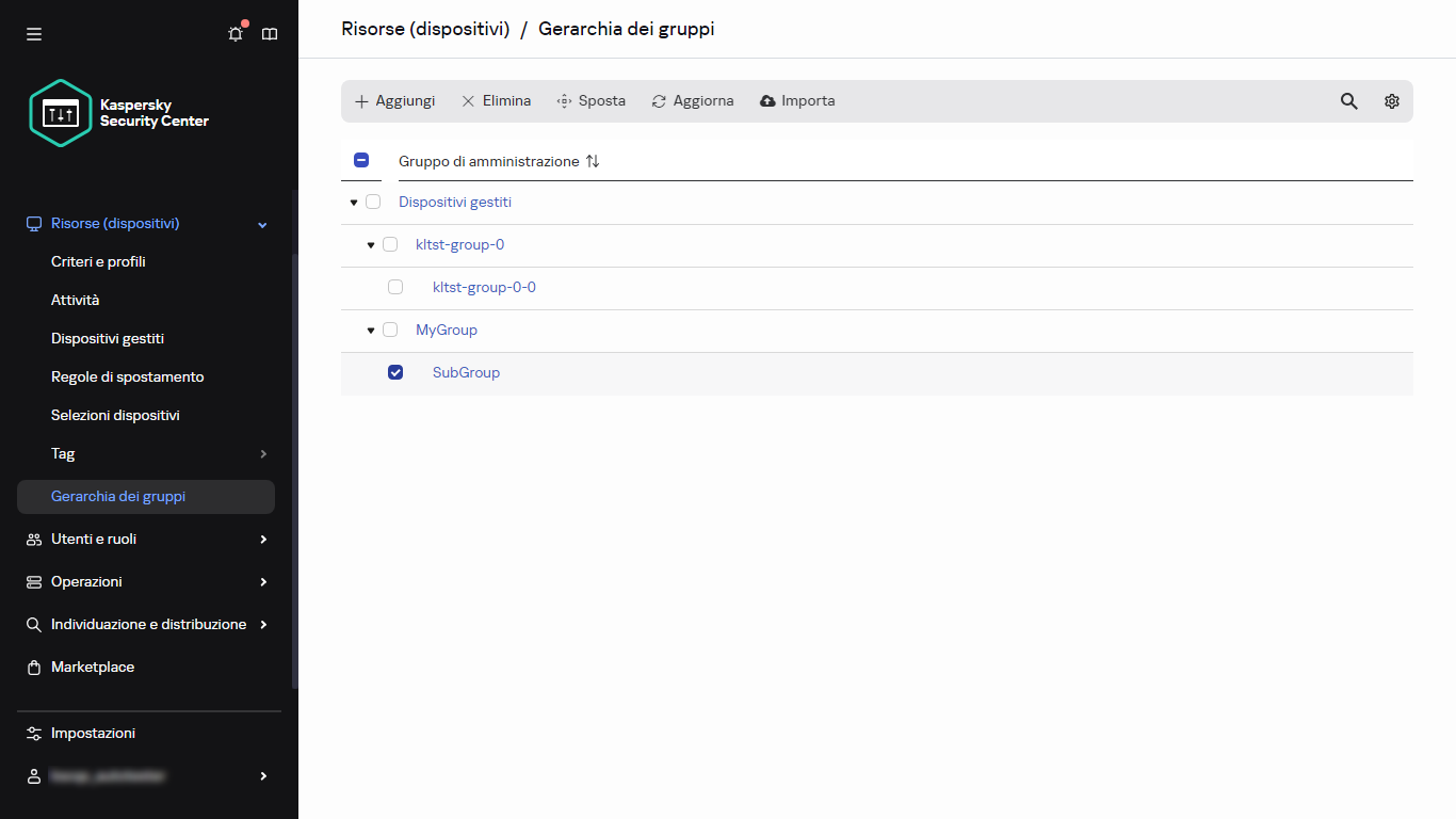 Gerarchia di gruppi con sottogruppo selezionato.