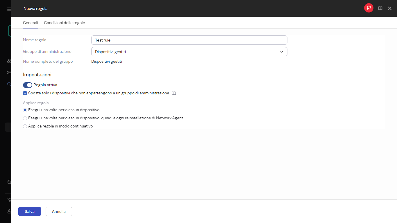 Finestra di creazione della nuova regola.