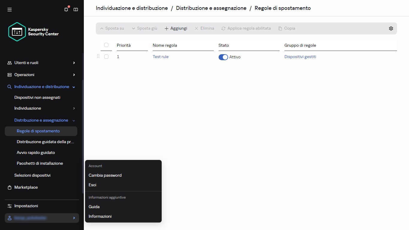Sezione dedicata alle regole di spostamento di Kaspersky Security Center.