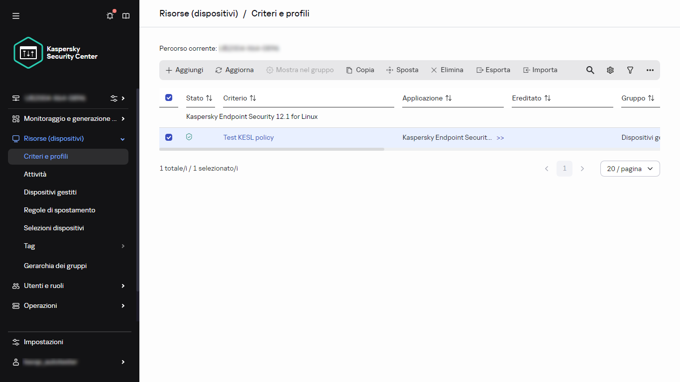 Criteri e profili: un criterio con una casella di controllo selezionata.