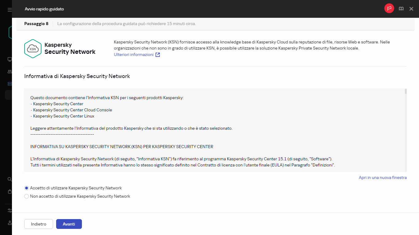 Il passaggio Kaspersky Security Network dell'avvio rapido guidato.