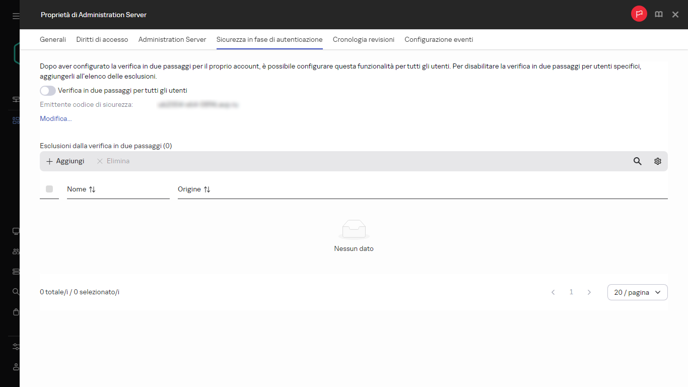 Scheda Sicurezza in fase di autenticazione nelle proprietà di Administration Server.