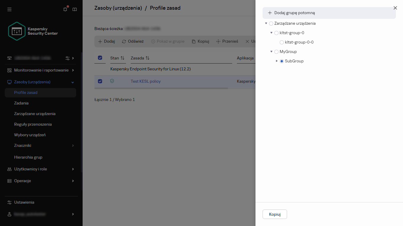 Wybierz grupę, do której chcesz skopiować panel zasad.
