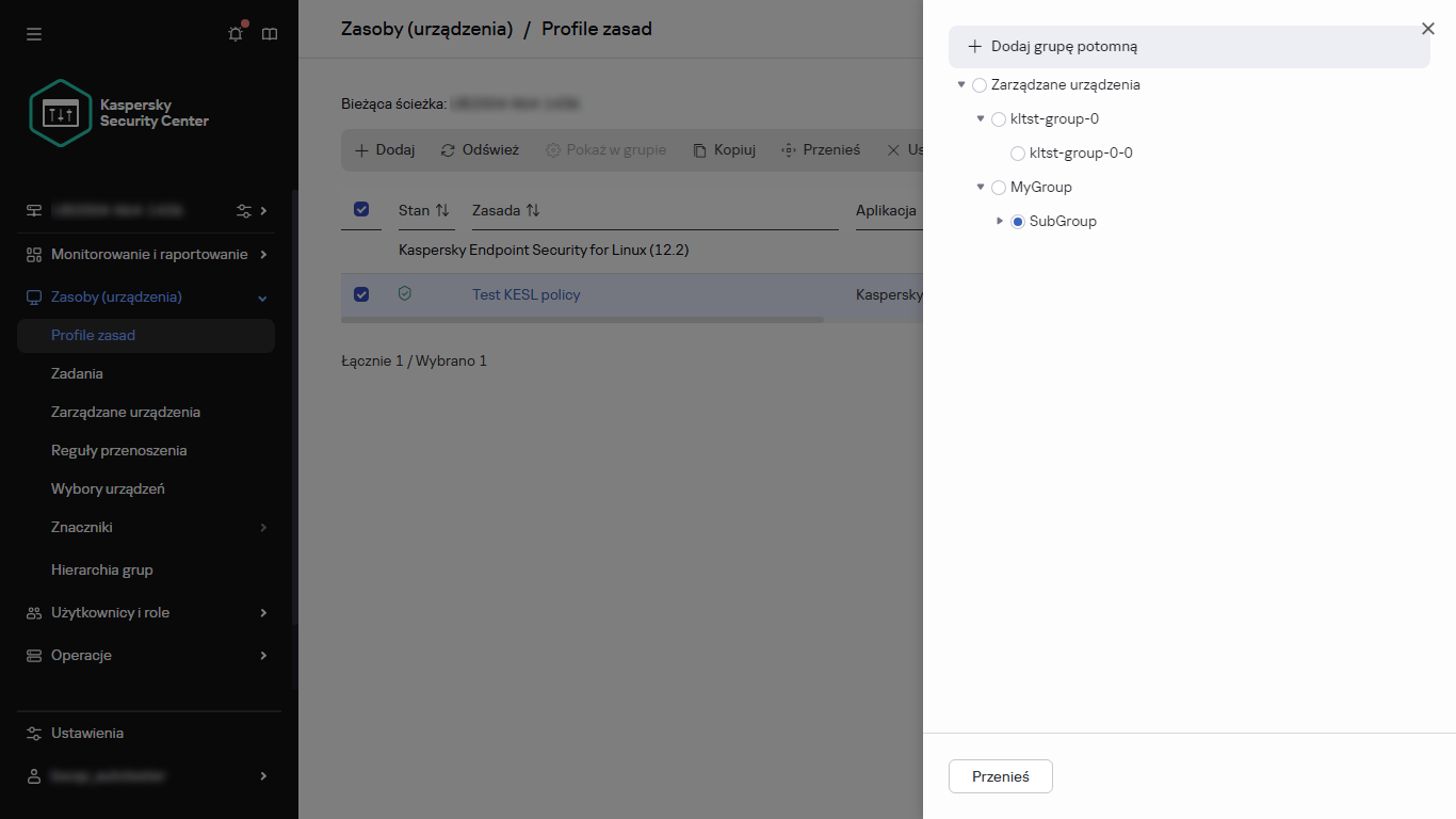 Wybierz grupę, do której chcesz przenieść okno dialogowe zasad.