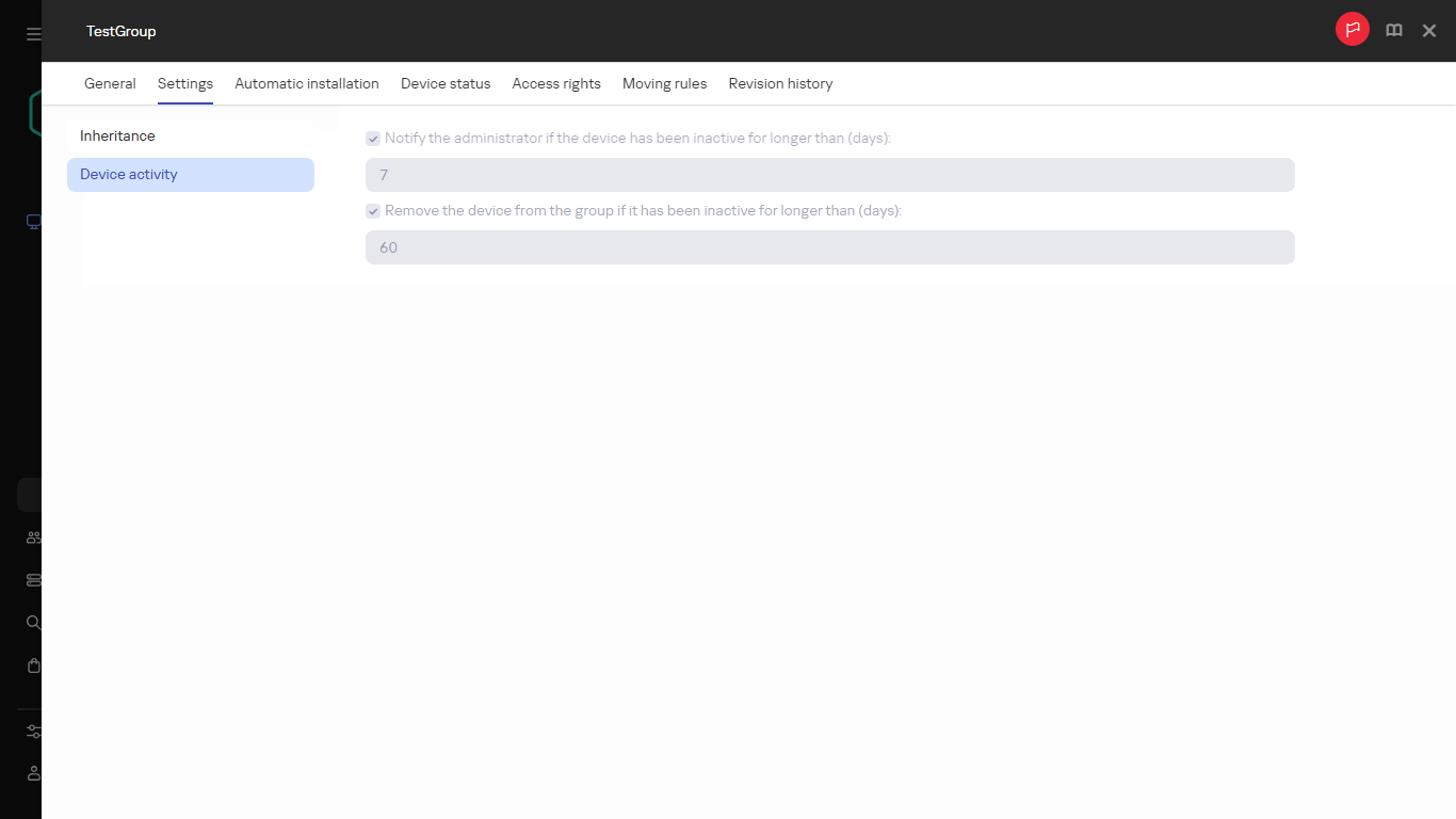 Device activity in the Settings tab.