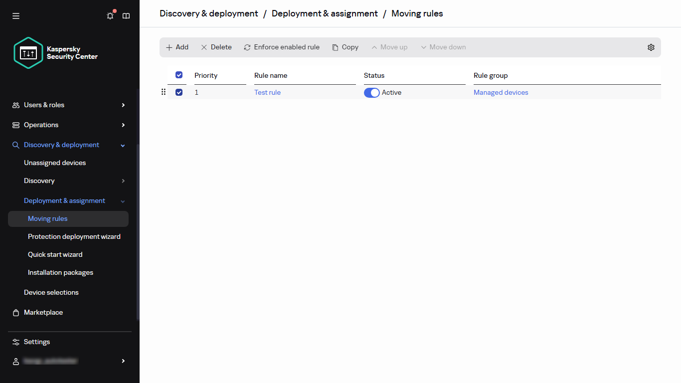The selected row in the Moving rules section.