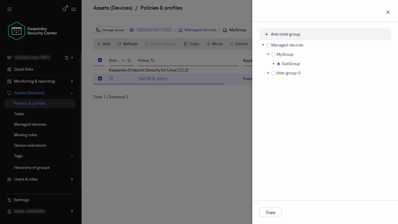 Select the group to copy the policy panel.