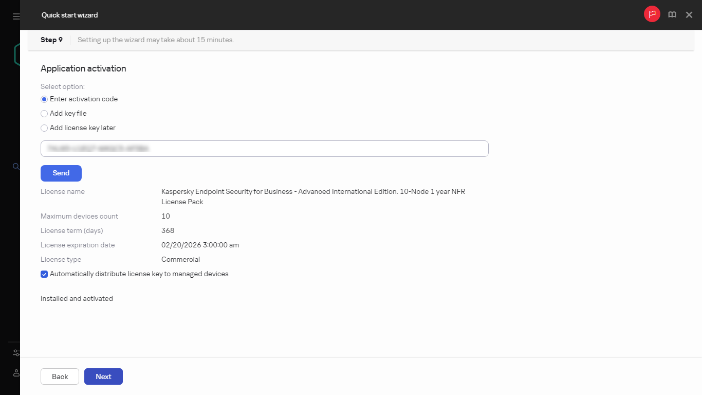 The Application activation step of Quick start wizard.