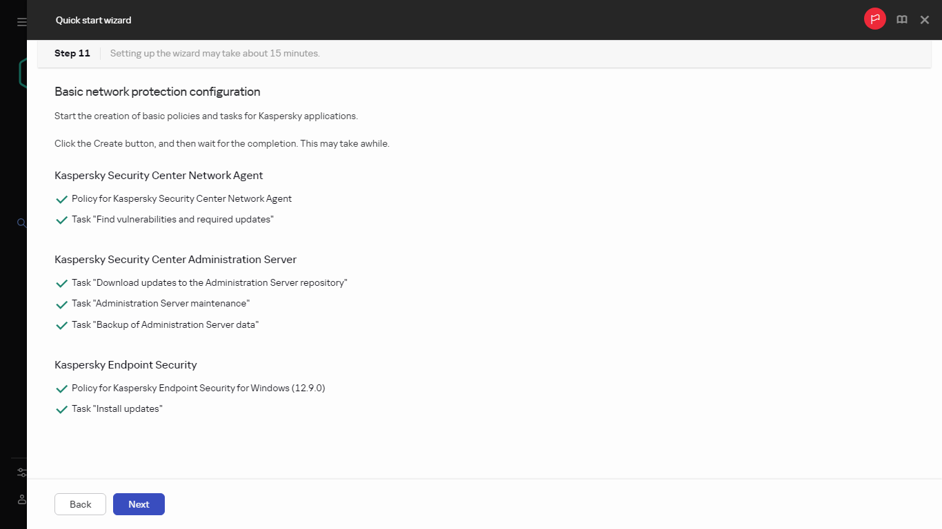 The Creating tasks and policies step of Quick start wizard.