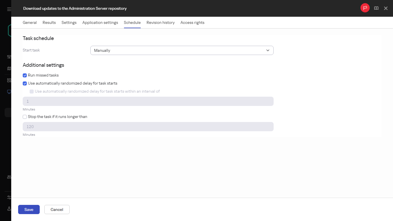 The Schedule settings of the Download updates to the repositories of the distribution points task.