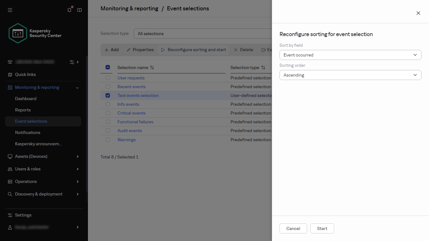 Sorting of the event selection.
