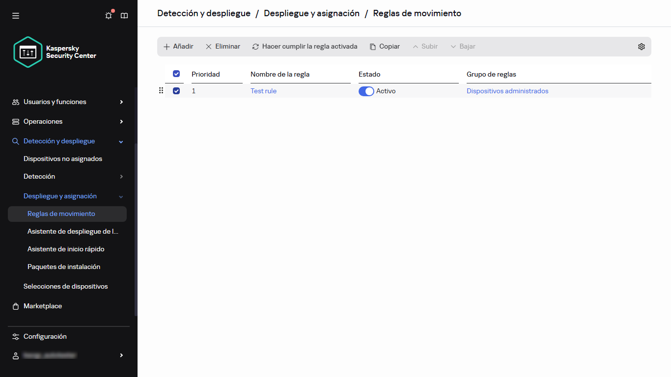 Fila seleccionada en la sección Reglas de movimiento.