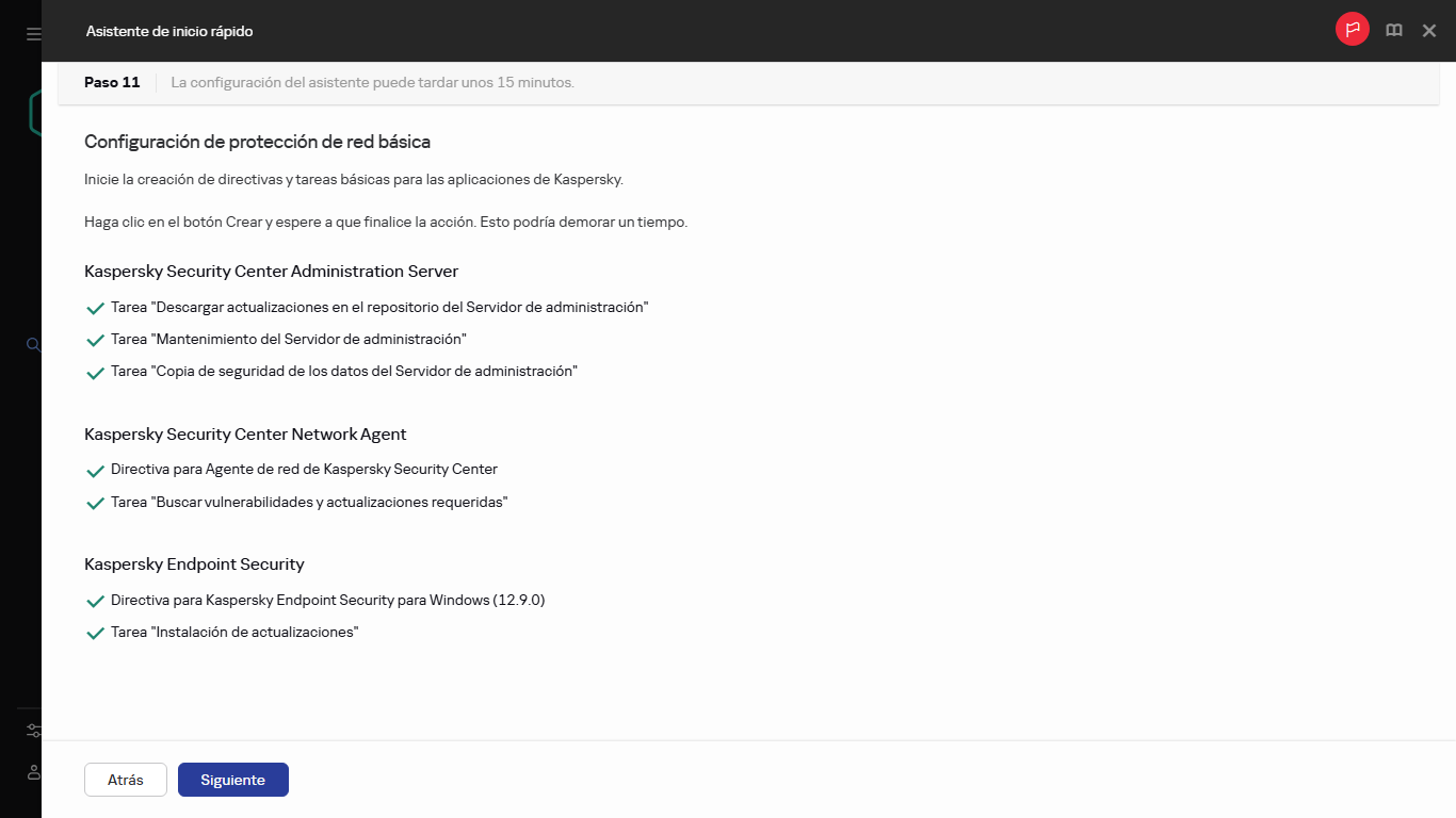 El paso de creación de tareas y directivas del Asistente de inicio rápido.
