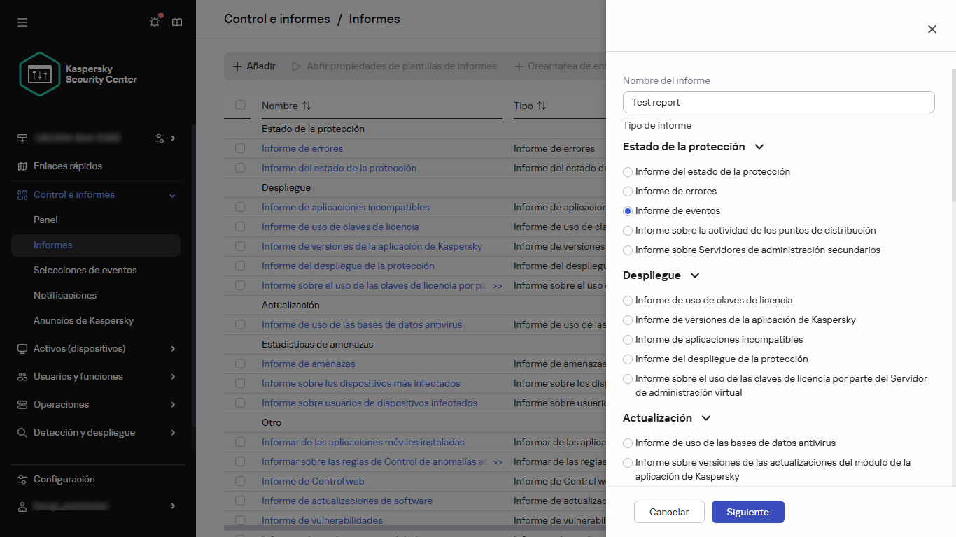 Especificar el nombre y tipo de un nuevo informe
