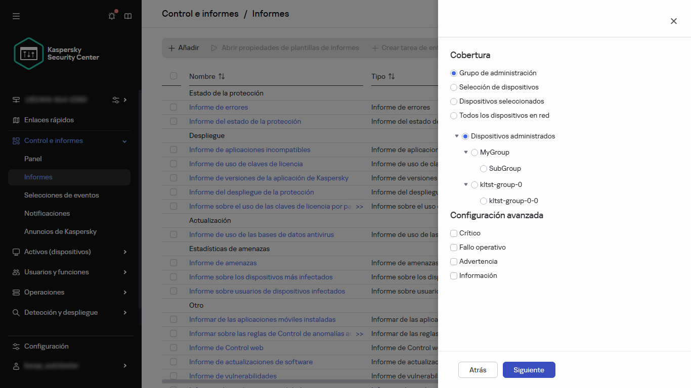 Especificar el alcance del dispositivo y la configuración avanzada de un nuevo informe.