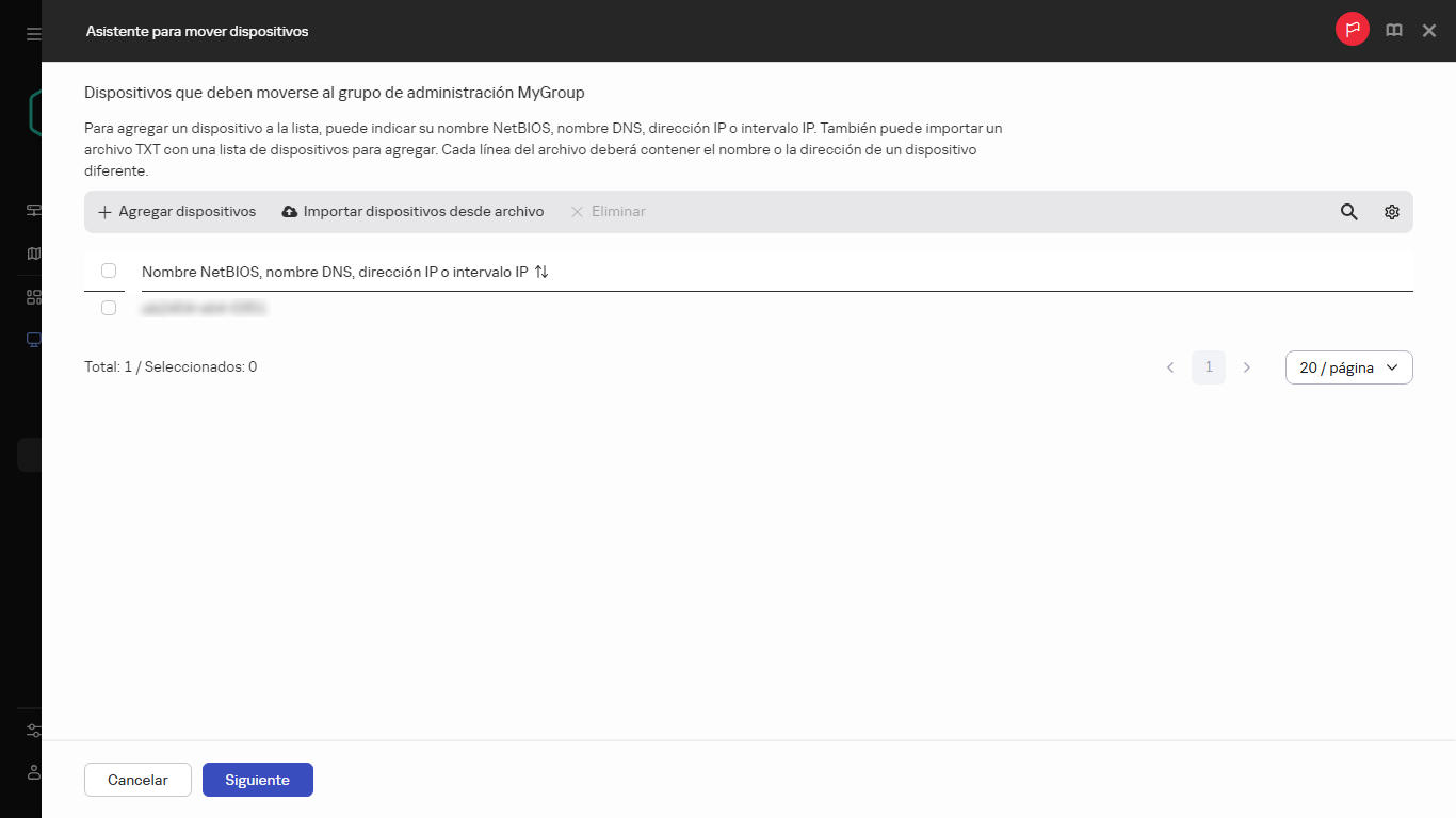 Agregar dispositivos que deben moverse a un grupo de administración.