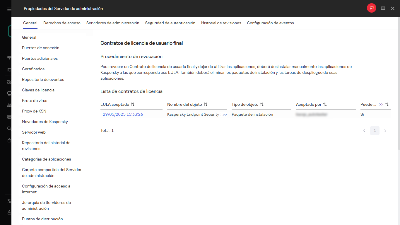 La lista de Contratos de licencia de usuario final.