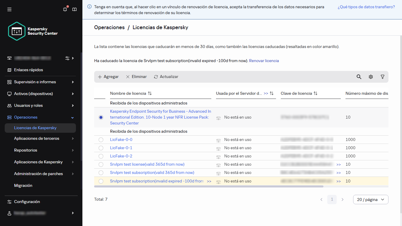 La lista de licencias con la licencia seleccionada.