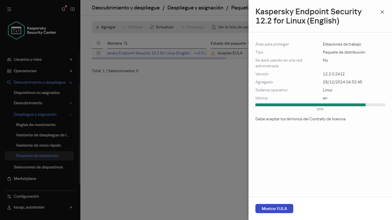 La ventana de descarga del paquete de instalación en el paso de aceptar el EULA.