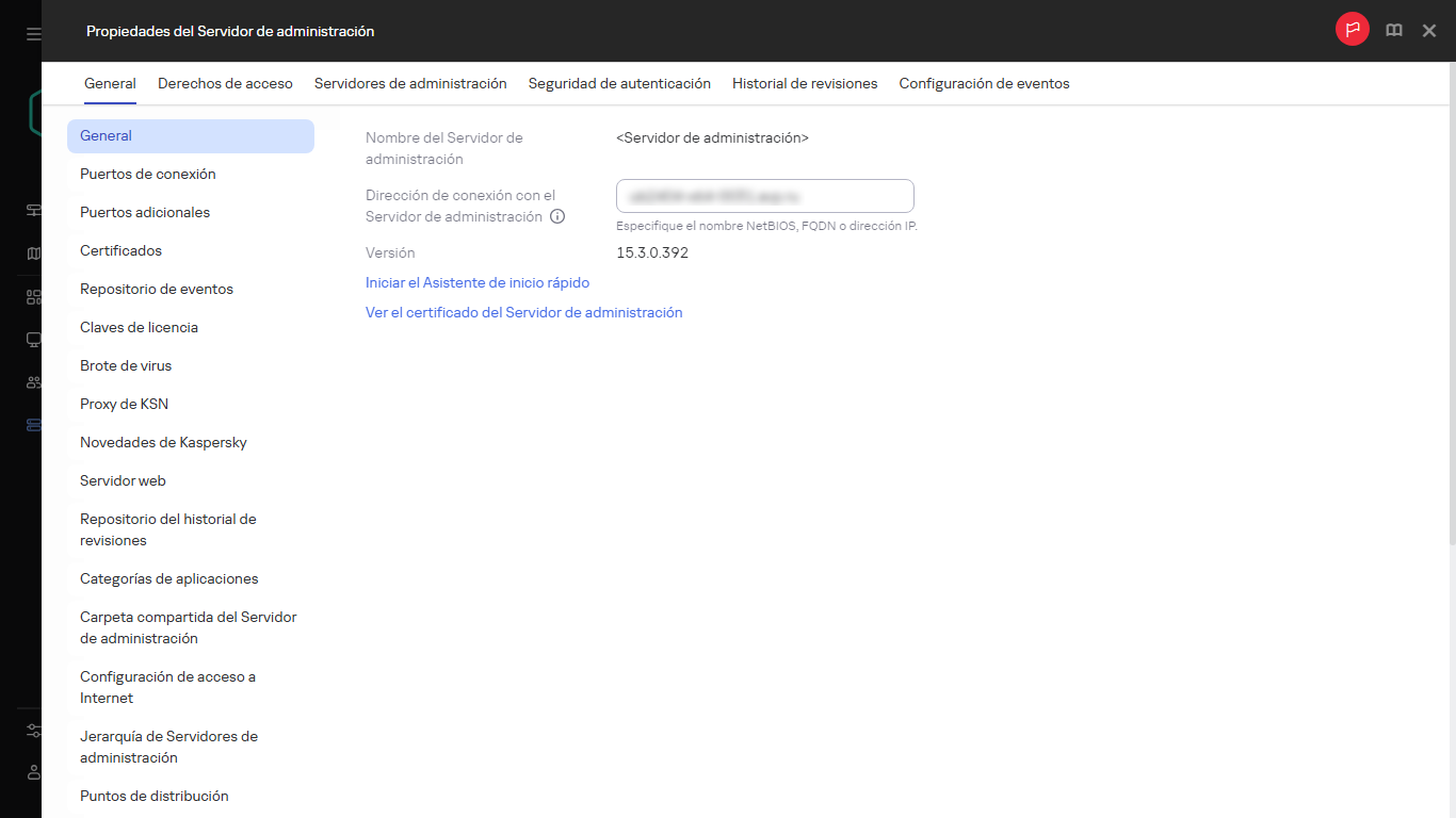 Captura de pantalla de la ventana del Servidor de administración que muestra un vínculo para iniciar el Asistente de inicio rápido.