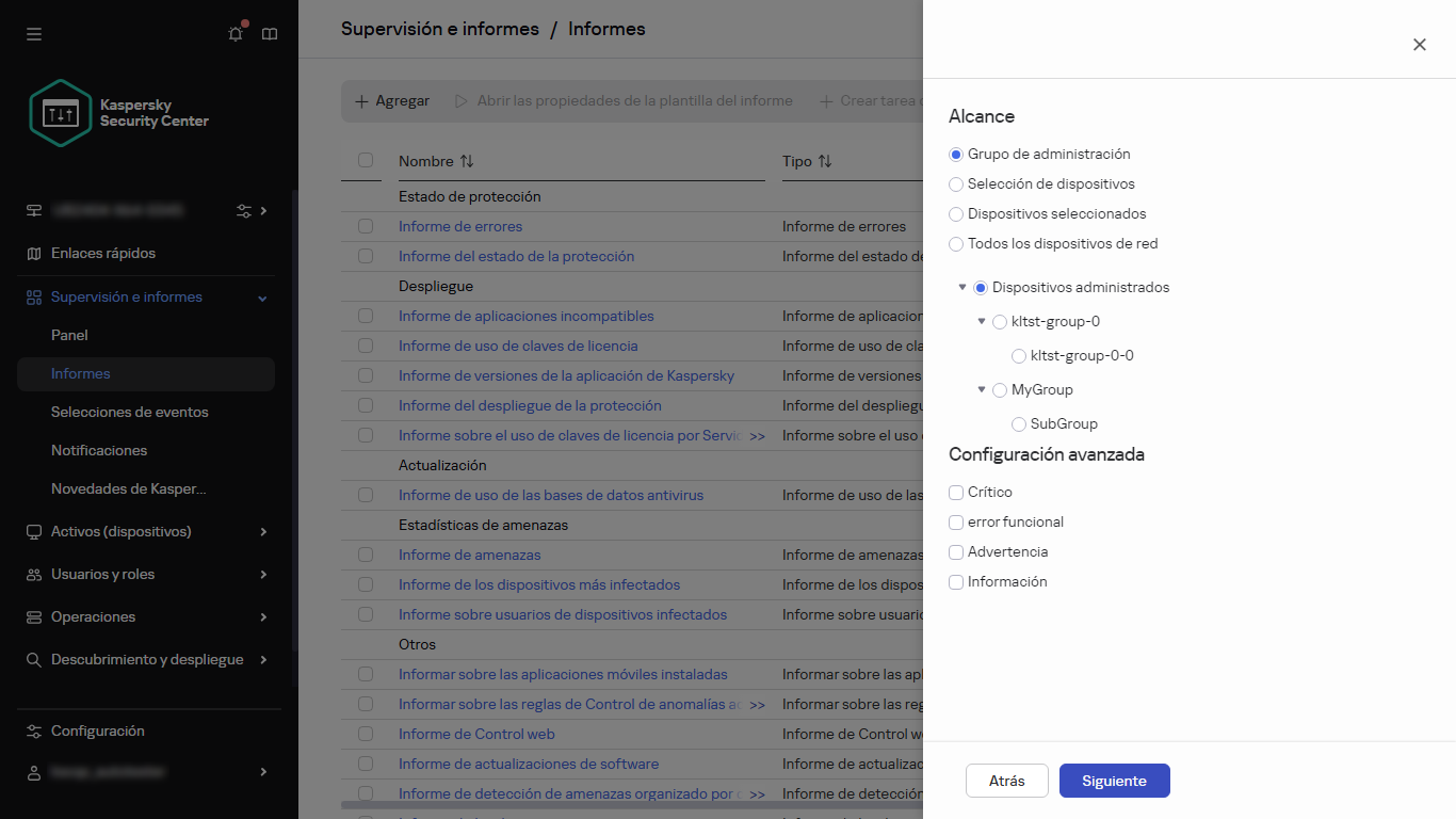 Especificar el alcance del dispositivo y la configuración avanzada de un nuevo informe.