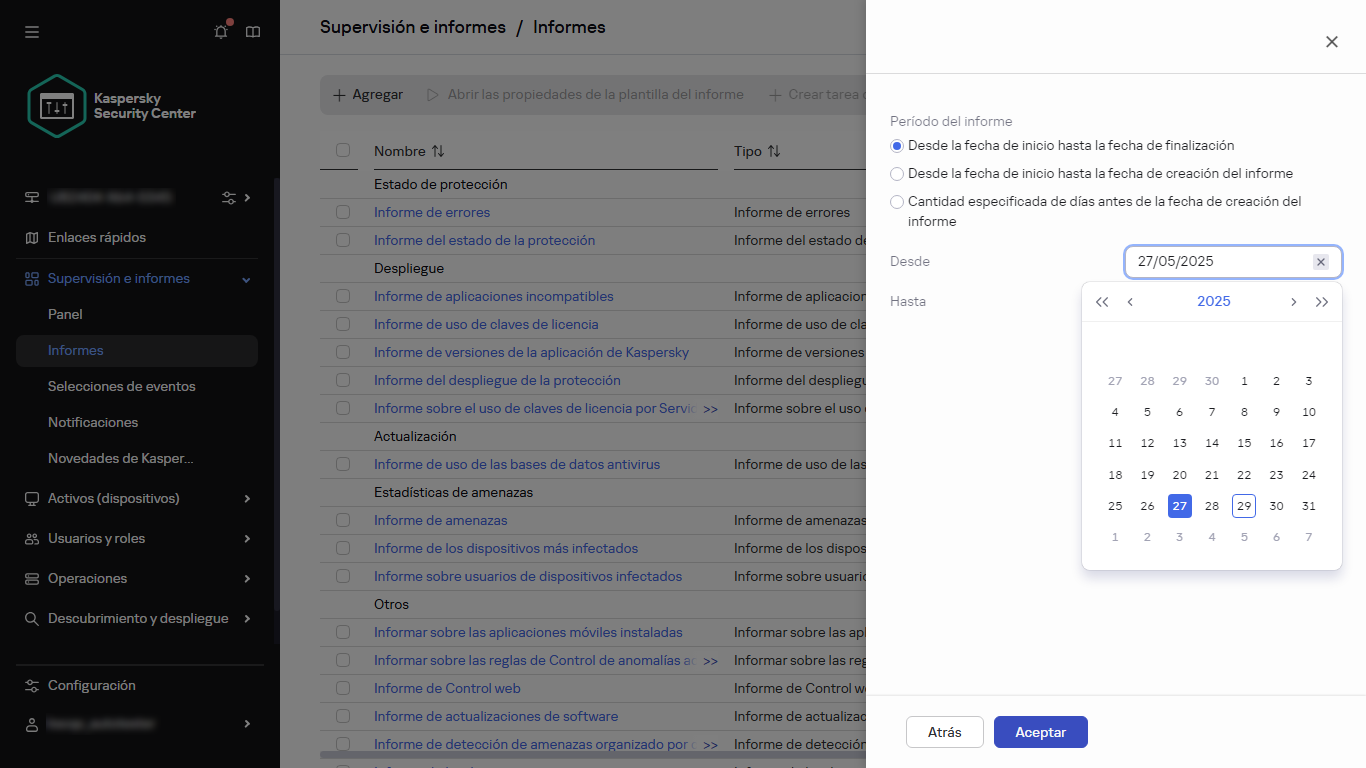 Especificar el período de informe de un nuevo informe.
