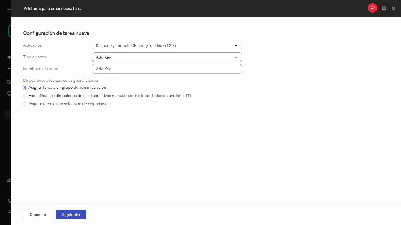 Configuración de la tarea Agregar clave.
