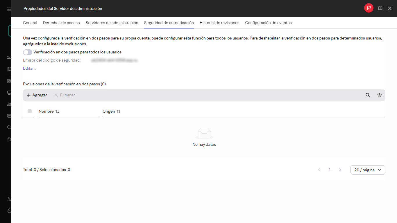 La pestaña Seguridad de la autenticación en las propiedades del Servidor de administración.