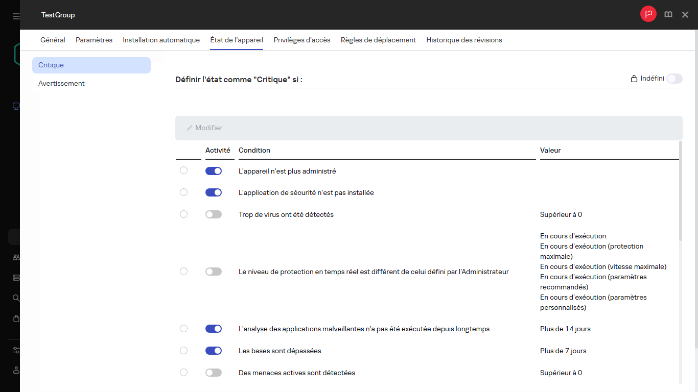 Définition de l'état Critique dans le groupe d'état de l'appareil.