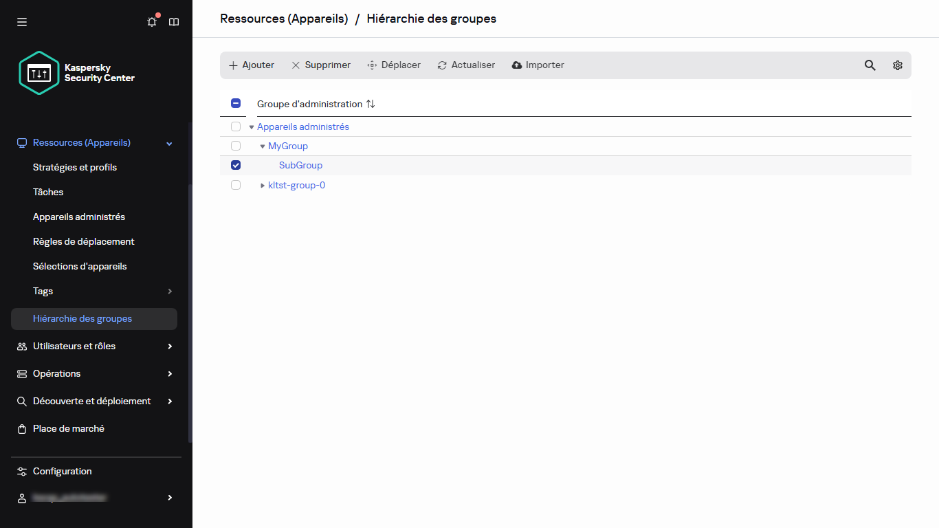 Hiérarchie des groupes avec Sous-groupe sélectionné.