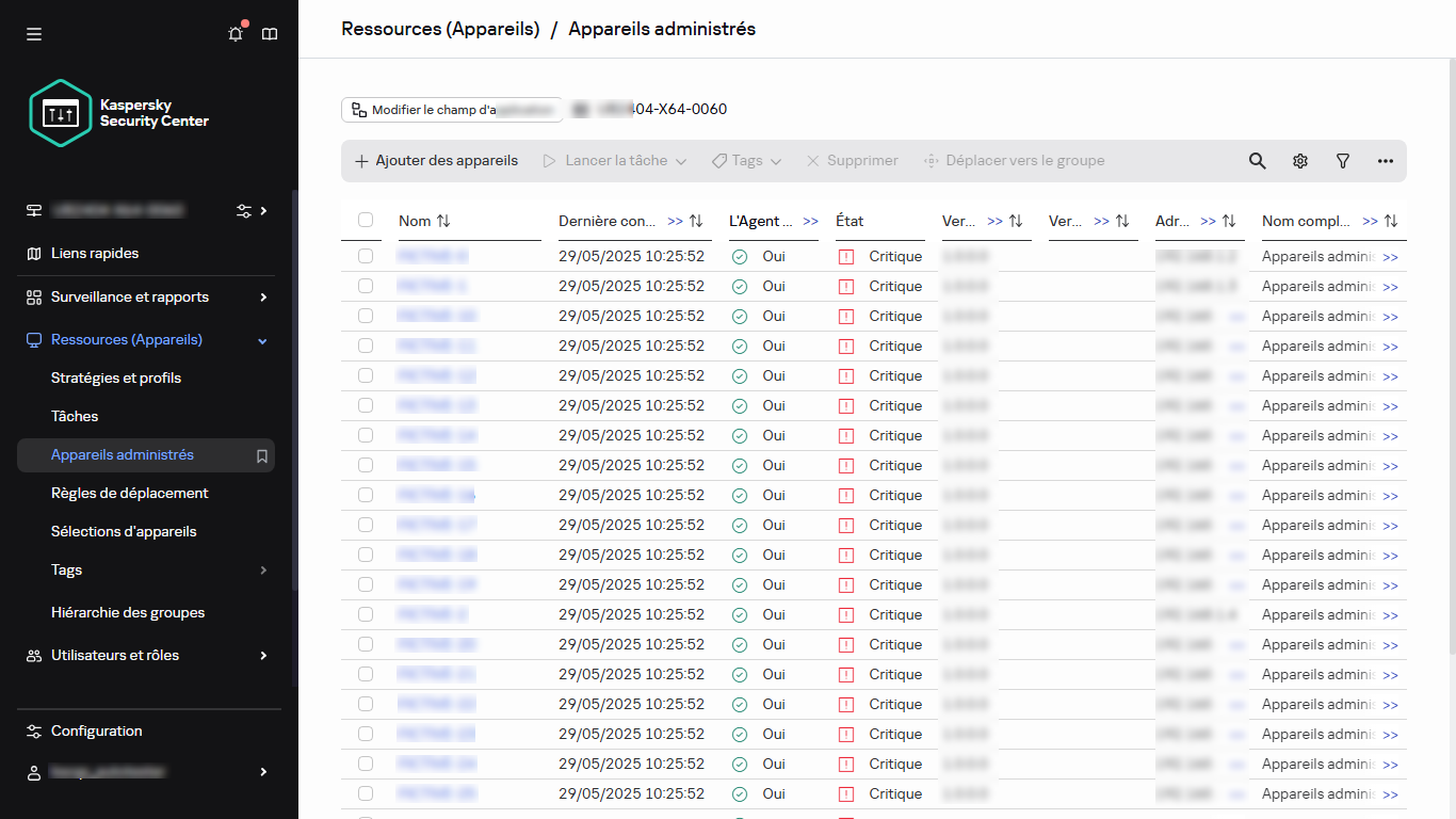 La liste des appareils administrés.