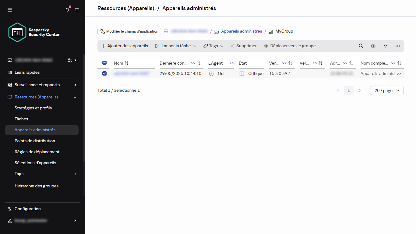 L'appareil administré sélectionné.