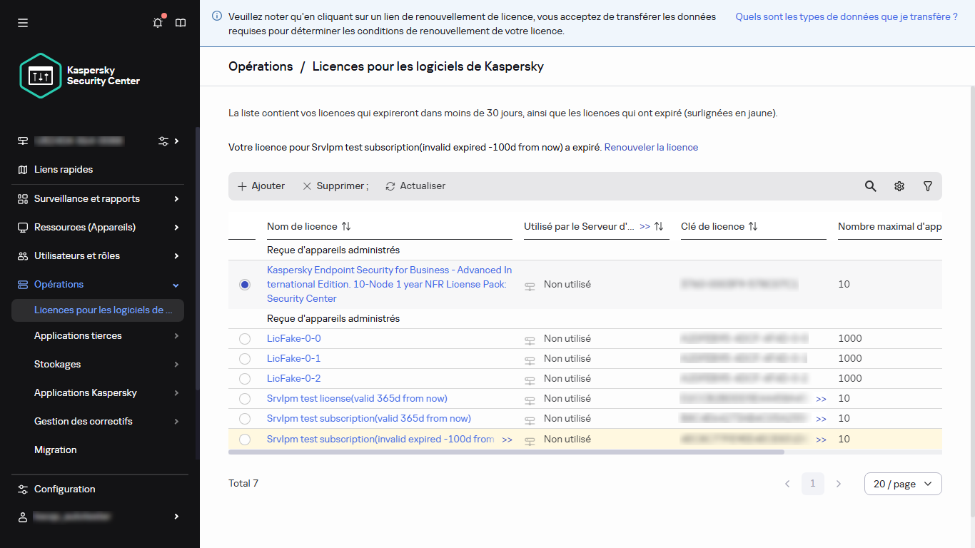 La liste des licences avec la licence sélectionnée.