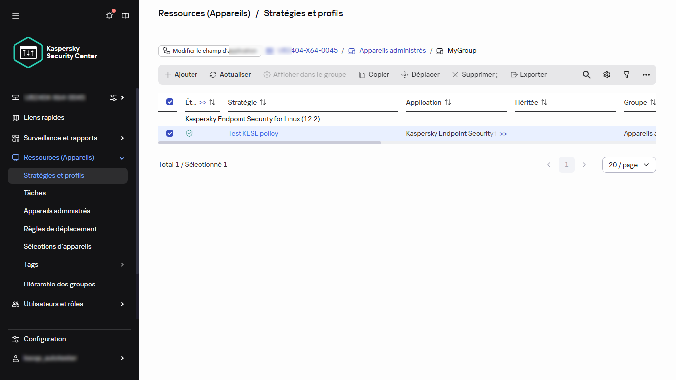 Stratégies et profils : stratégie dont la case est cochée.