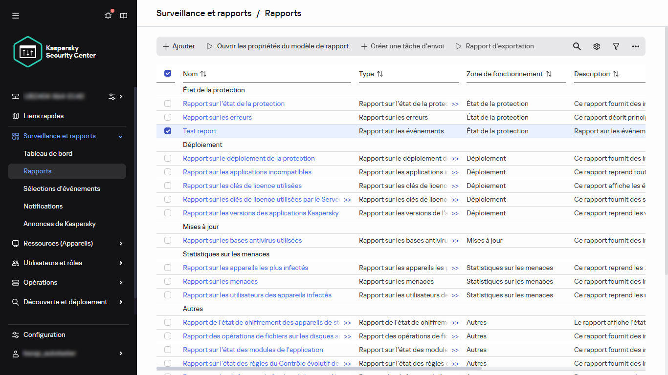 La liste des rapports avec le rapport sélectionné.