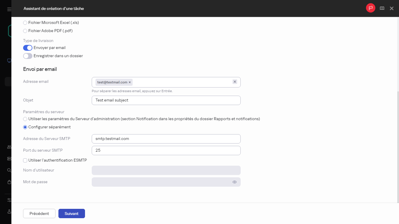 Création d'une tâche de diffusion de rapports et définition du type de diffusion.