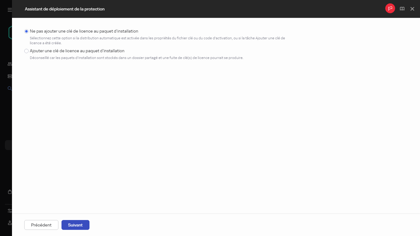 Spécification si une clé de licence doit être ajoutée au paquet d'installation.