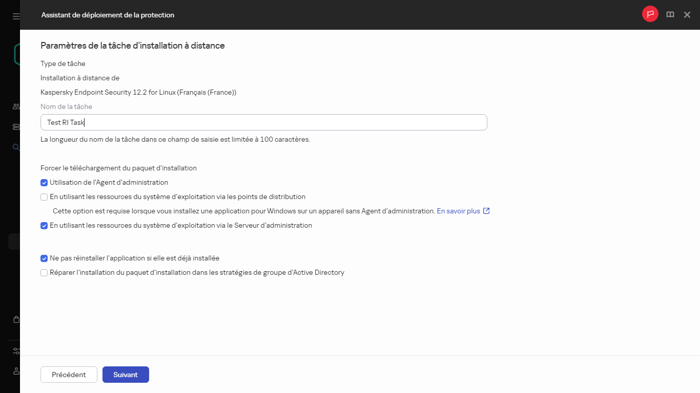 Paramètres de la tâche d'installation à distance.