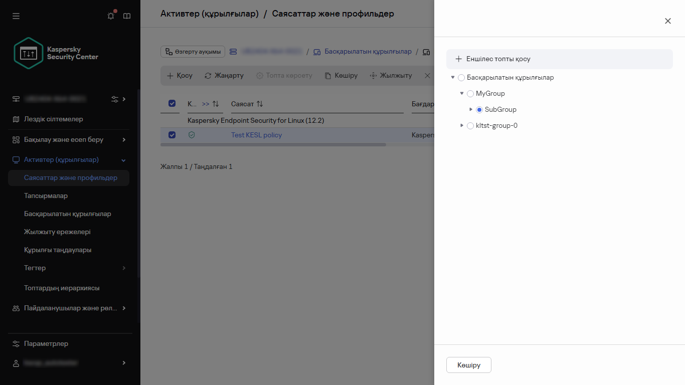 Саясатты көшіру тобын таңдау панелі.
