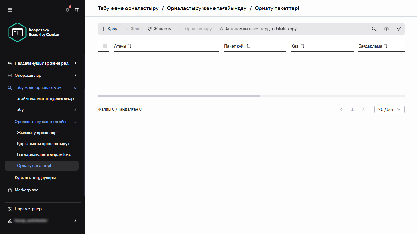Негізгі мәзірдегі "Орнату пакеттері" бөлімі.
