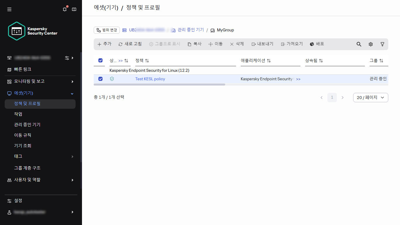 정책 및 프로필: 확인란이 선택된 정책.