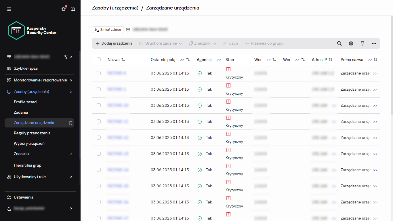 Lista zarządzanych urządzeń.