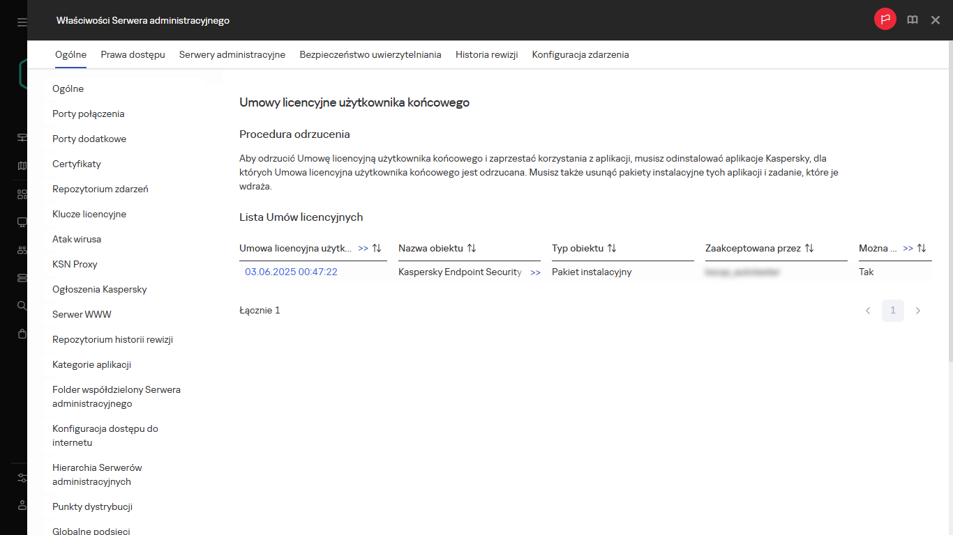 Lista Umów licencyjnych użytkownika końcowego.