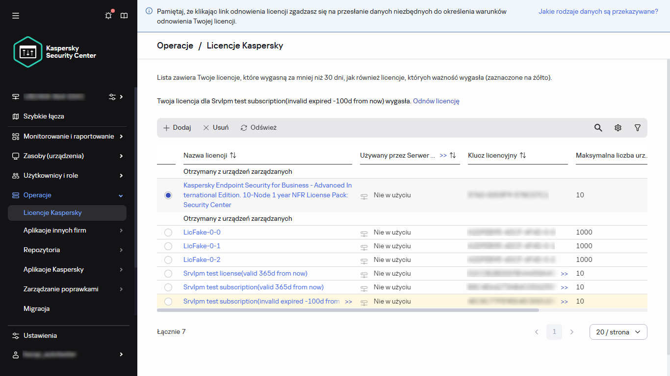 Lista licencji z wybraną licencją.