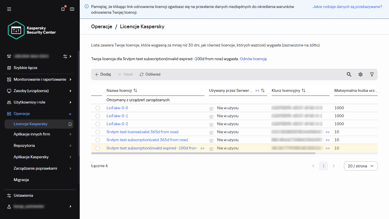 Lista licencji Kaspersky.