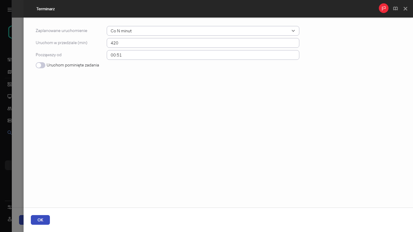 Właściwości terminarza przeszukiwania.